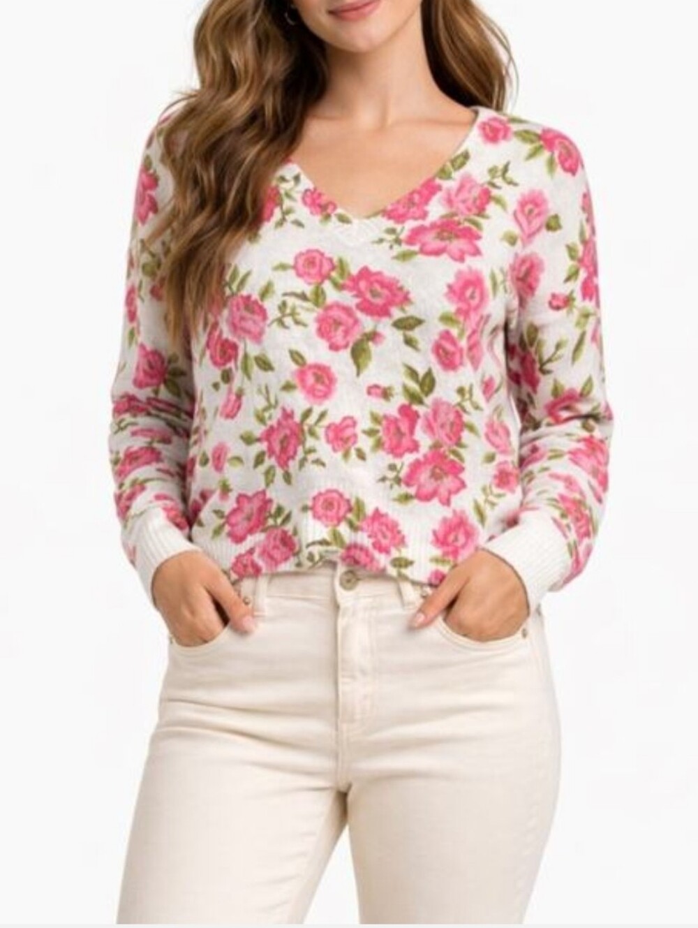 Cece Red Rose Super Soft V Neck Sweater M NWT $79